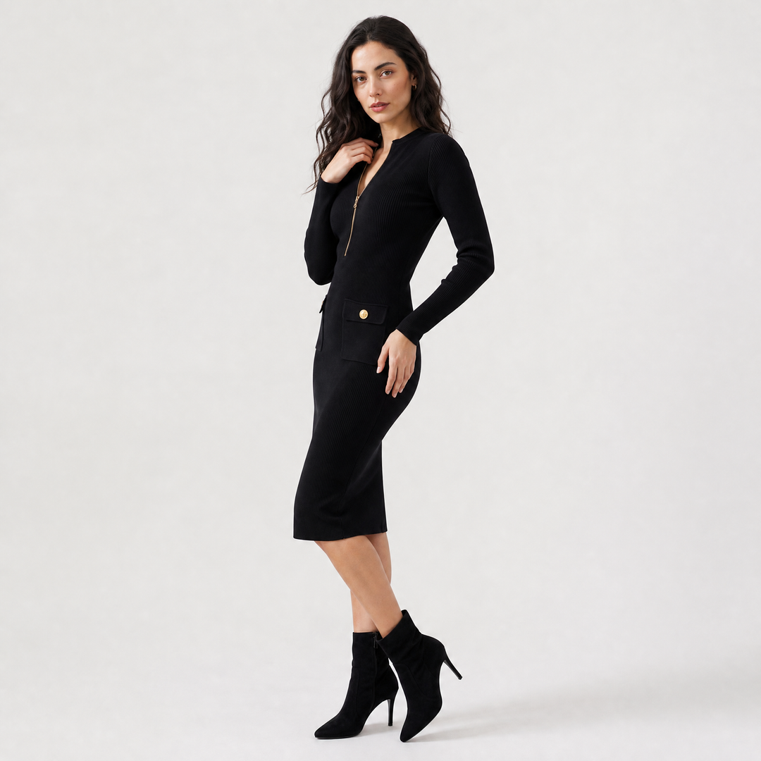 Women's Elegant Ribbed Knit Zip-Up Midi Dress