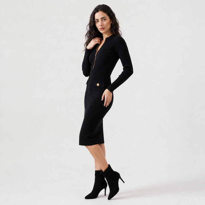 Women's Elegant Ribbed Knit Zip-Up Midi Dress