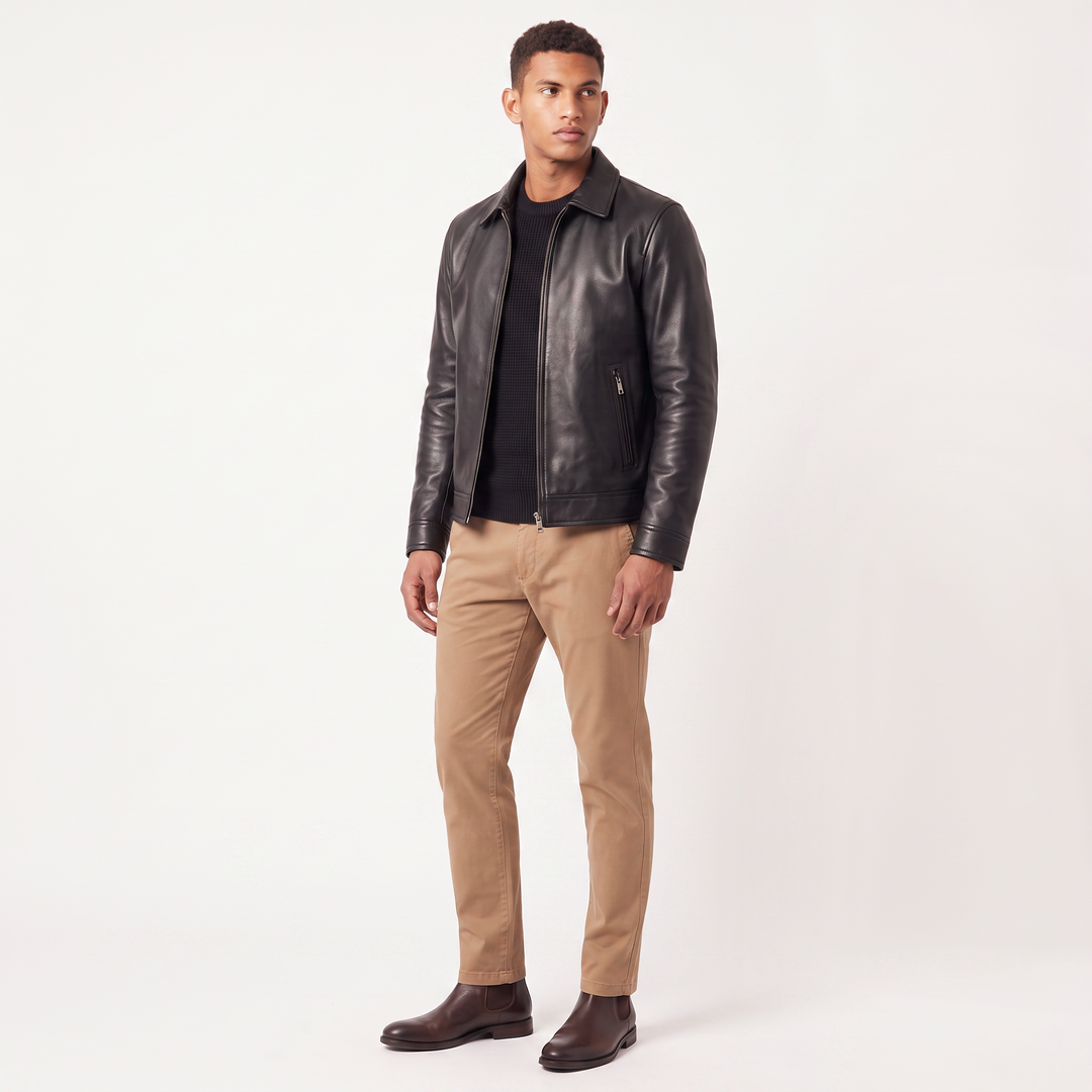 Men's Classic Leather-Look Zip Front Jacket Regular Fit