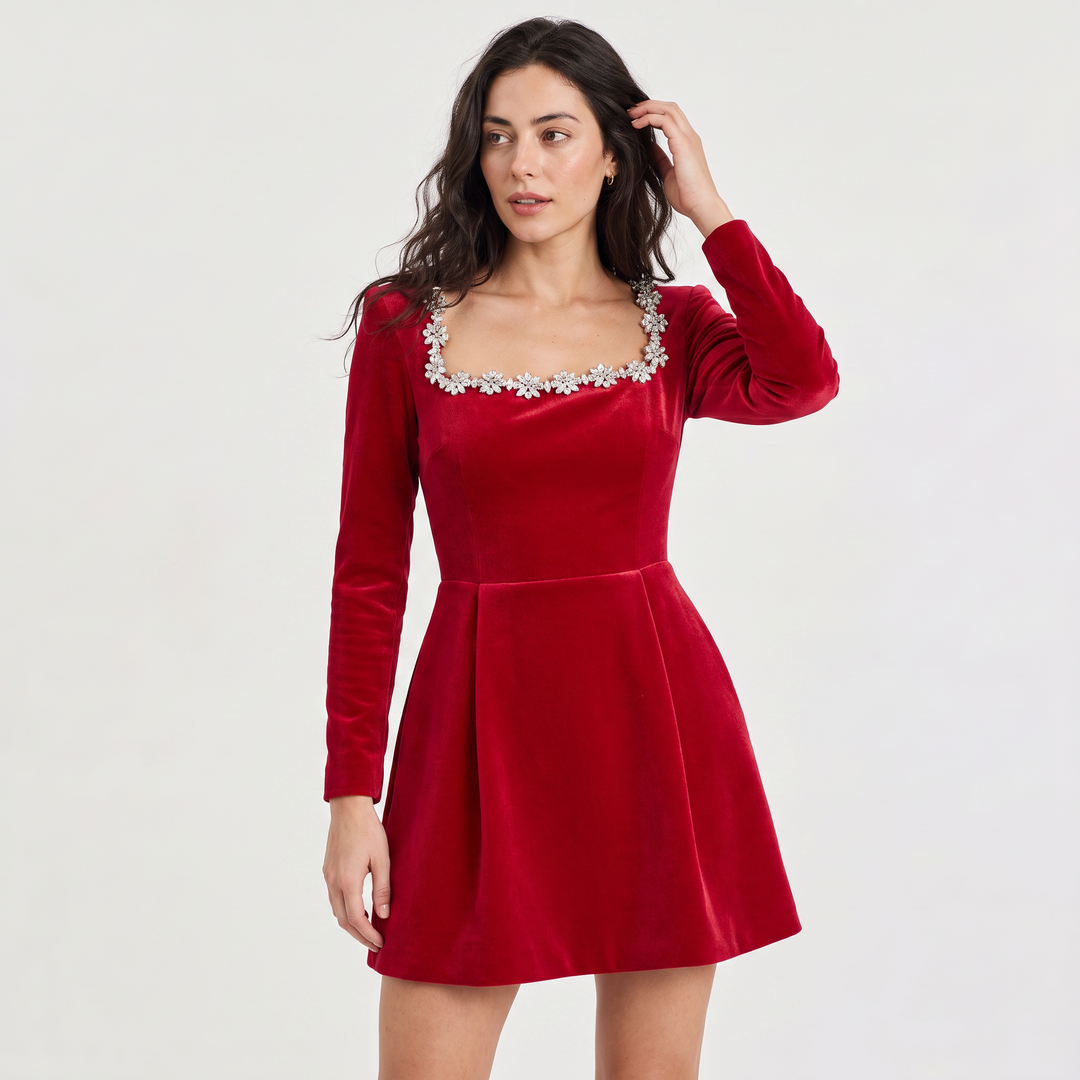 Women's Elegant Velvet Mini Dress with Square Neck and Crystal Trim