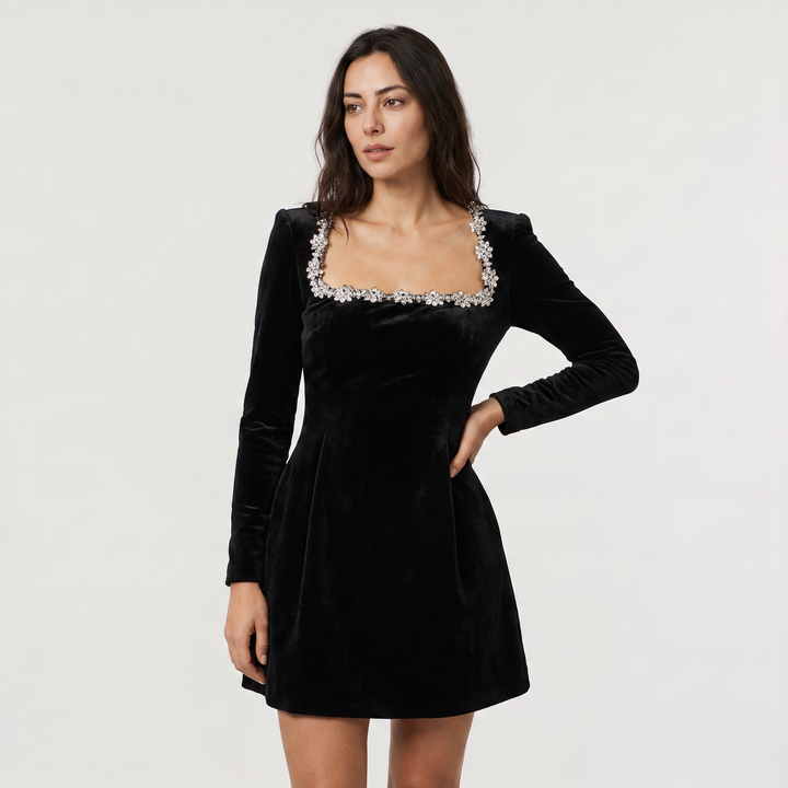 Women's Elegant Velvet Mini Dress with Square Neck and Crystal Trim