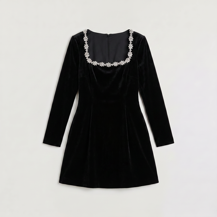 Women's Elegant Velvet Mini Dress with Square Neck and Crystal Trim