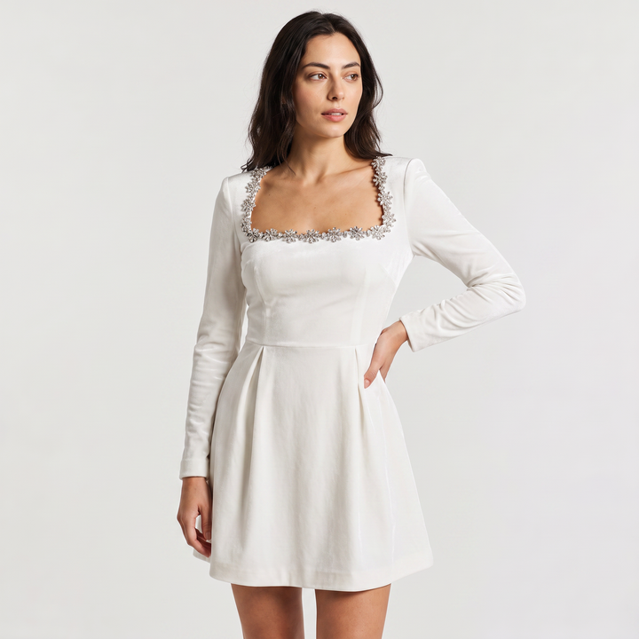 Women's Elegant Velvet Mini Dress with Square Neck and Crystal Trim