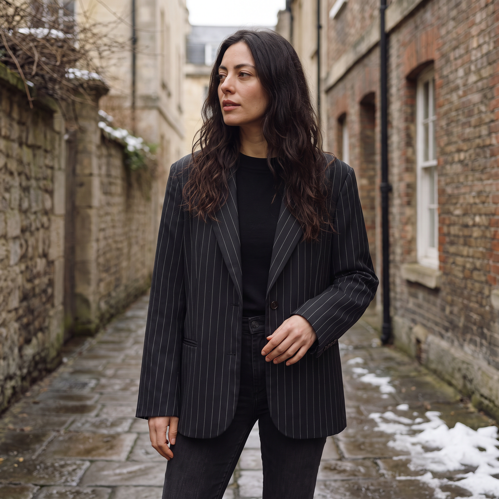 Women's Oversized Pinstripe Wool Blend Blazer