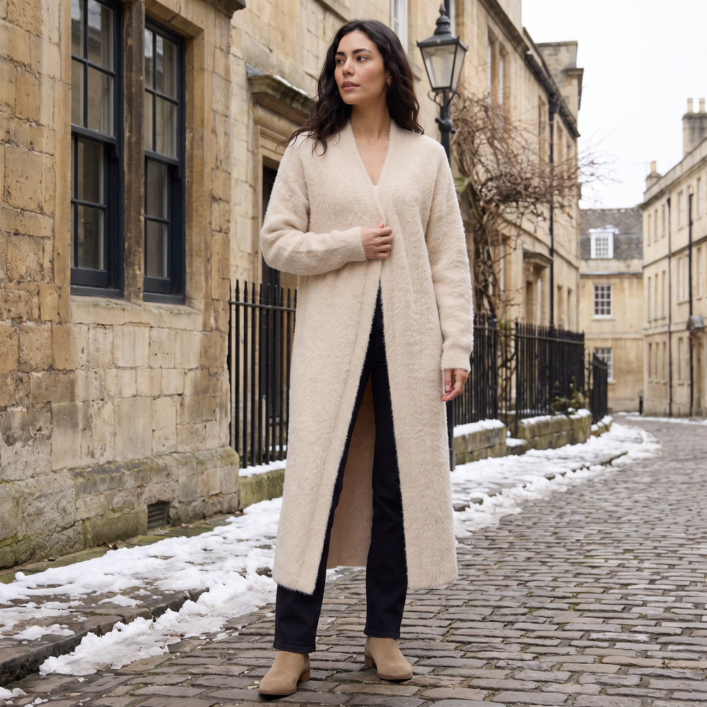 Women's Casual Fluffy Knit Longline Cardigan Open Front