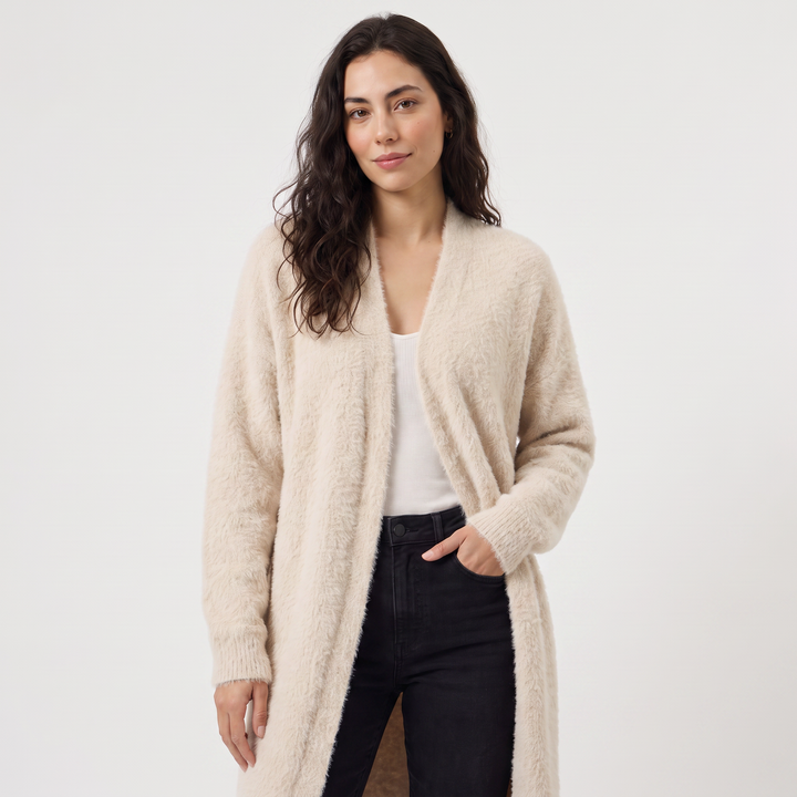 Women's Casual Fluffy Knit Longline Cardigan Open Front