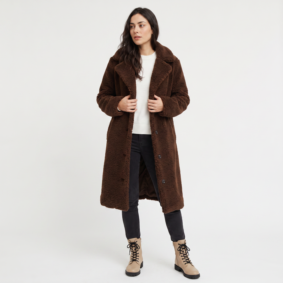 Women's Classic Wool Blend Longline Teddy Coat with Notched Collar