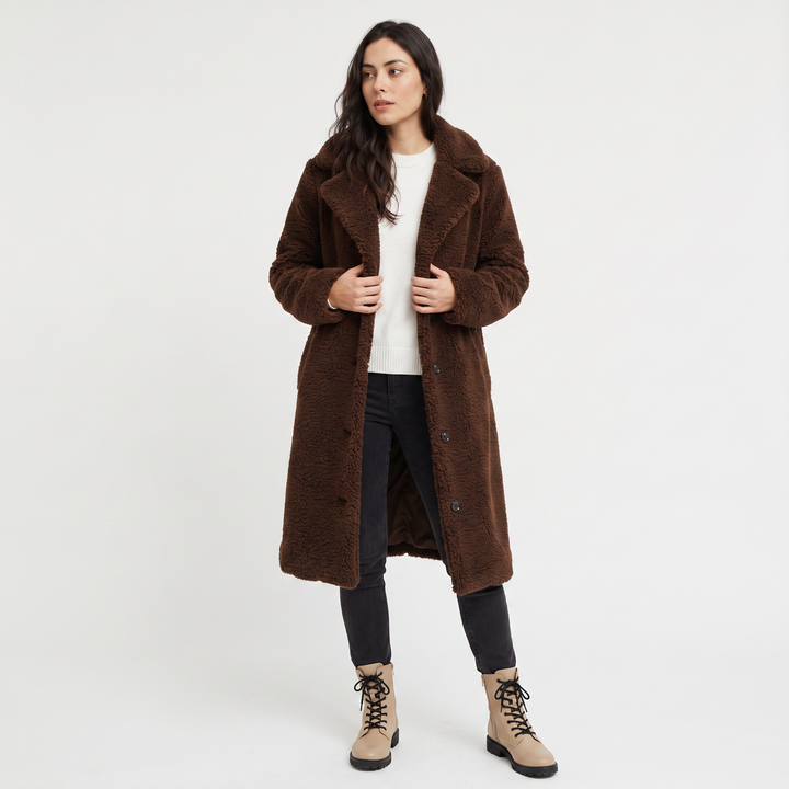 Women's Classic Wool Blend Longline Teddy Coat with Notched Collar