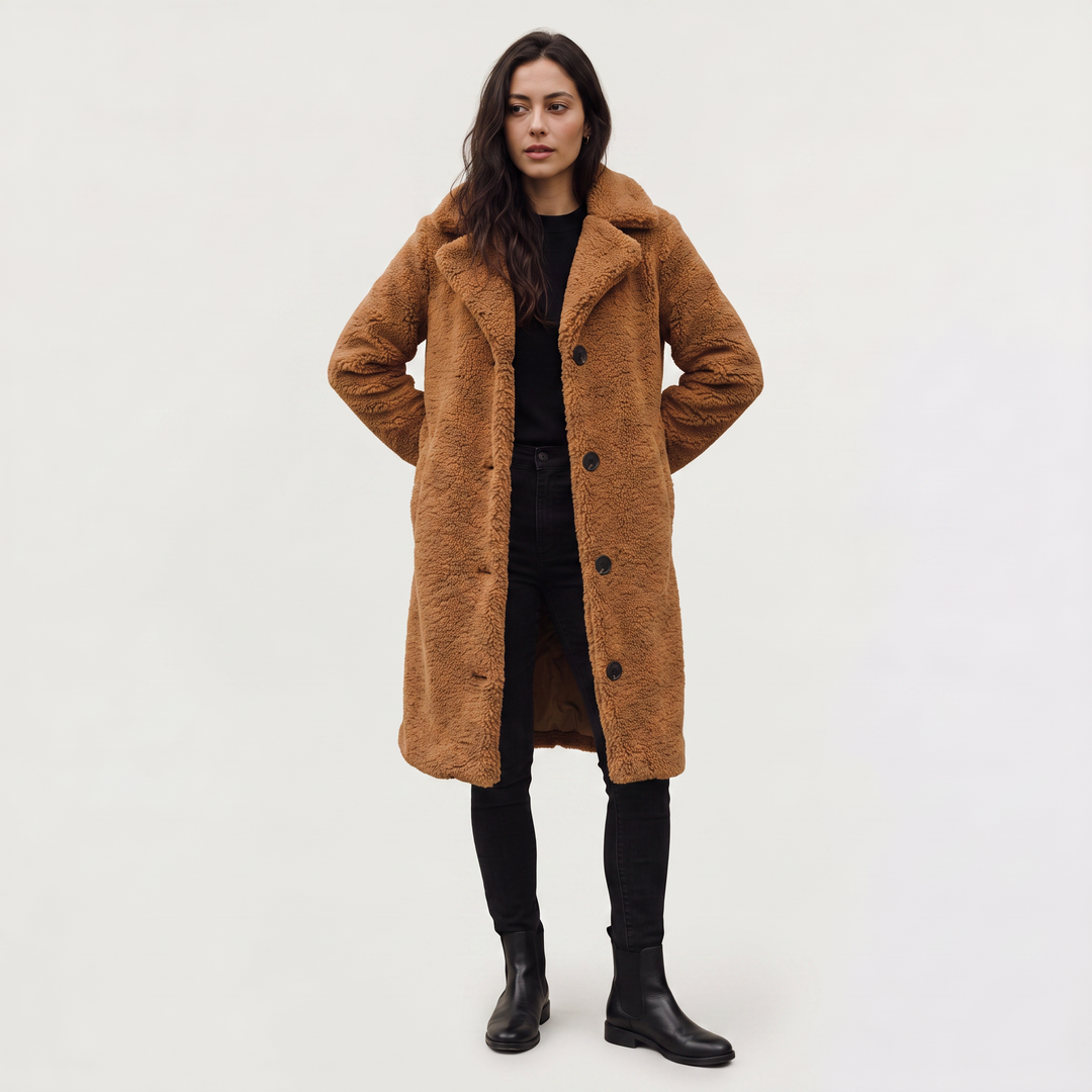 Women's Classic Wool Blend Longline Teddy Coat with Notched Collar