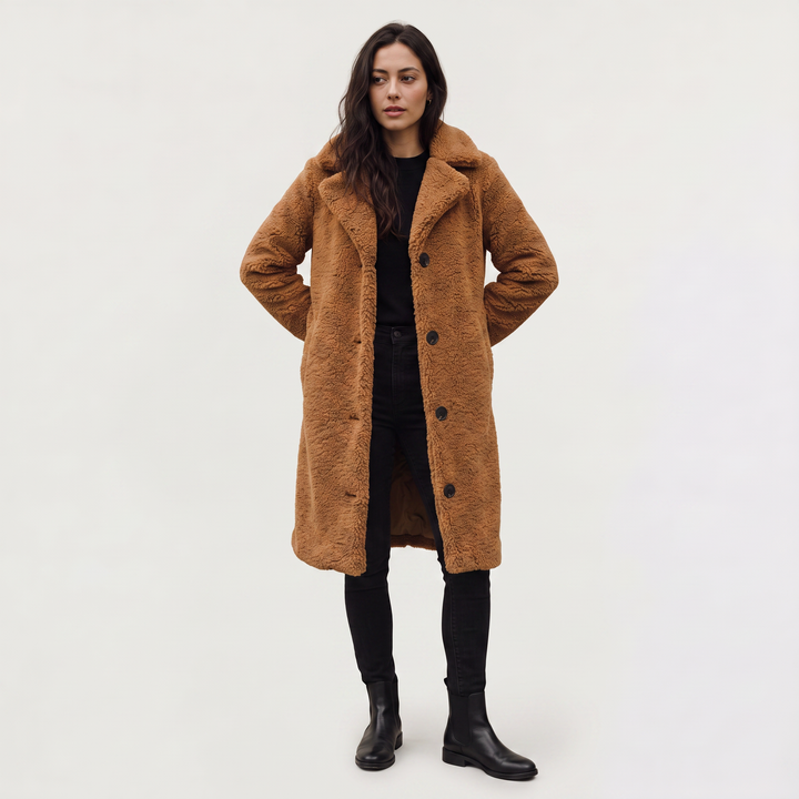 Women's Classic Wool Blend Longline Teddy Coat with Notched Collar