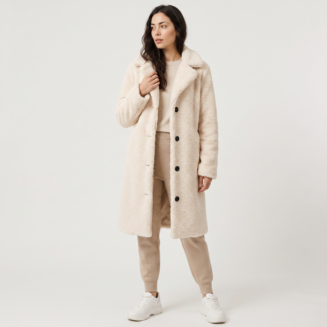 Women's Classic Wool Blend Longline Teddy Coat with Notched Collar
