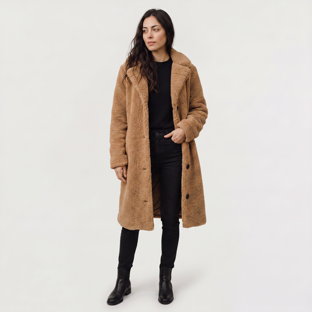 Women's Classic Wool Blend Longline Teddy Coat with Notched Collar