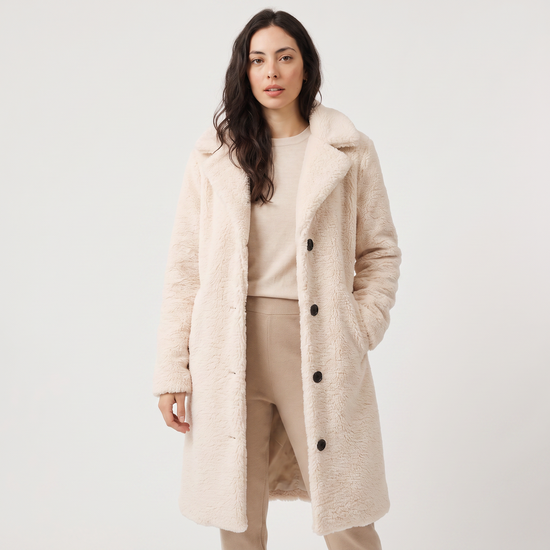 Women's Classic Wool Blend Longline Teddy Coat with Notched Collar