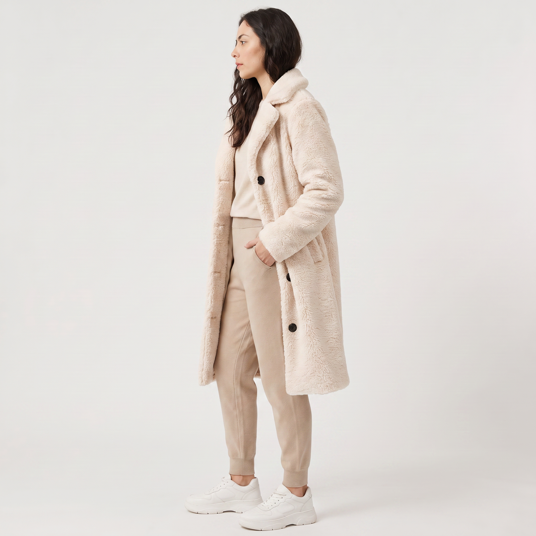 Women's Classic Wool Blend Longline Teddy Coat with Notched Collar