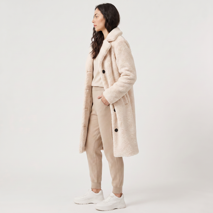 Women's Classic Wool Blend Longline Teddy Coat with Notched Collar
