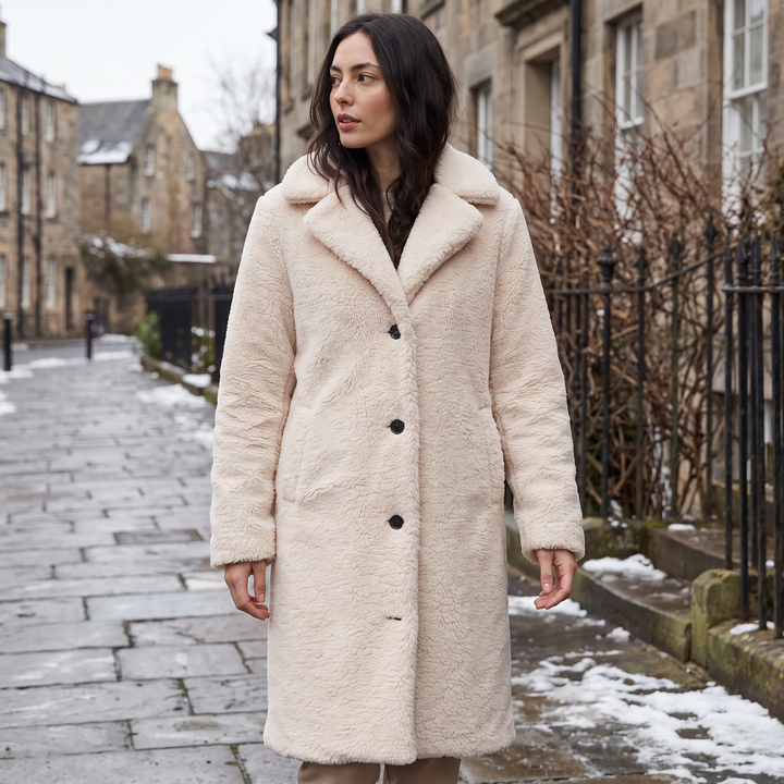 Women's Classic Wool Blend Longline Teddy Coat with Notched Collar