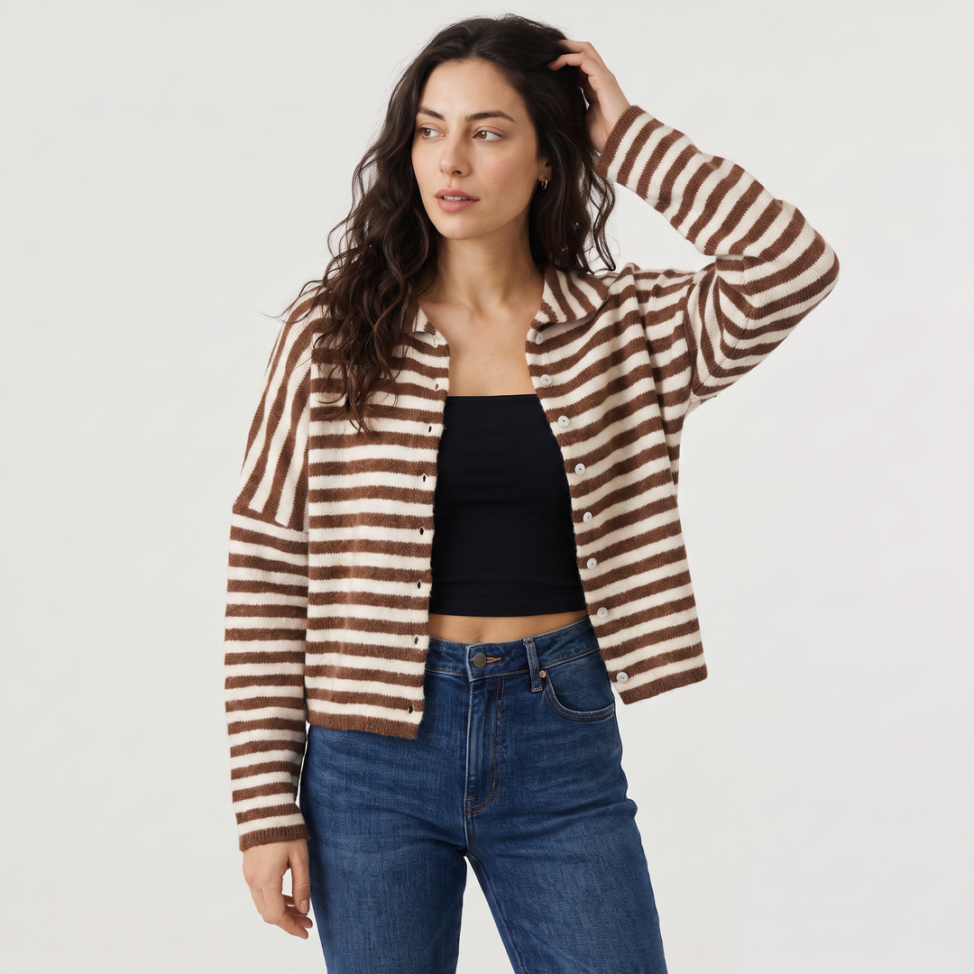 Women's Casual Striped Knit Cardigan with Button Front and Collar