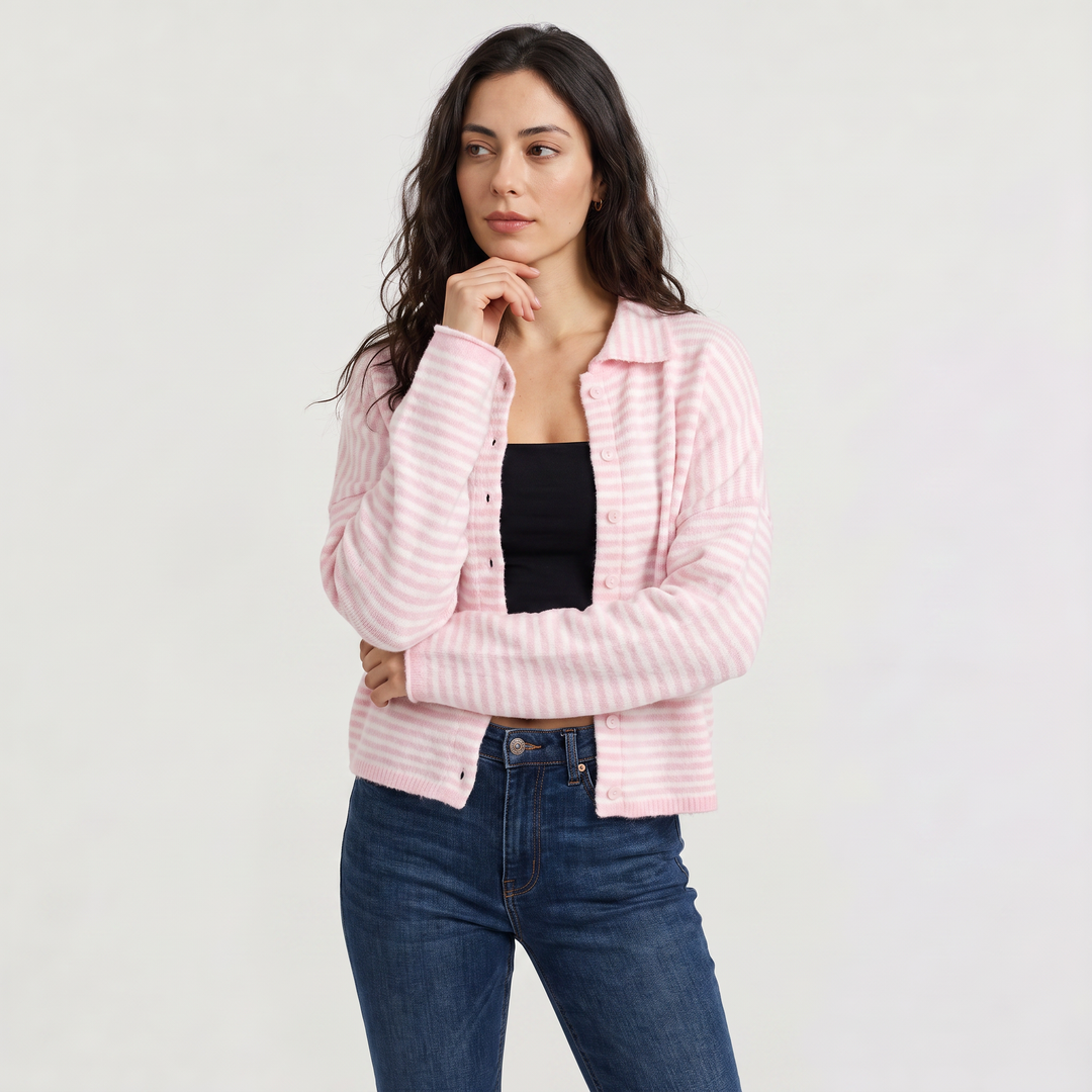 Women's Casual Striped Knit Cardigan with Button Front and Collar