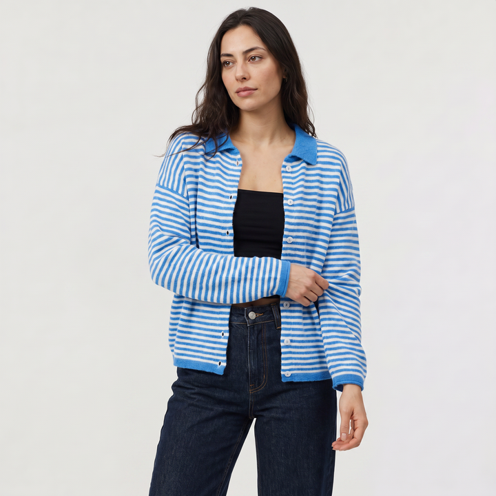 Women's Casual Striped Knit Cardigan with Button Front and Collar
