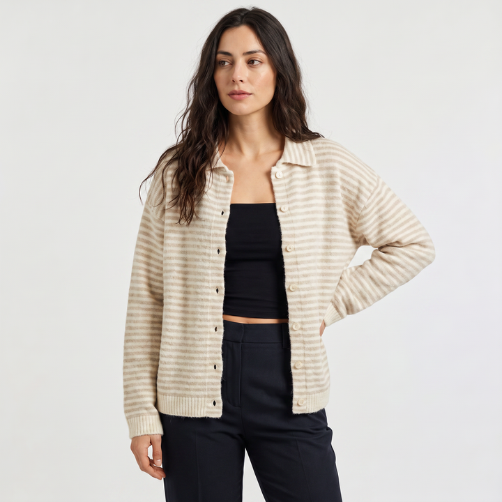 Women's Casual Striped Knit Cardigan with Button Front and Collar