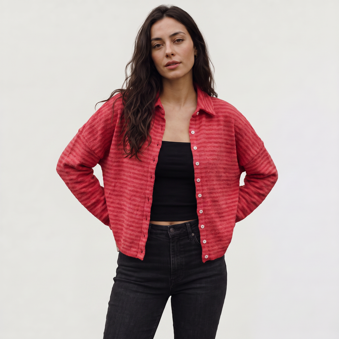 Women's Casual Striped Knit Cardigan with Button Front and Collar