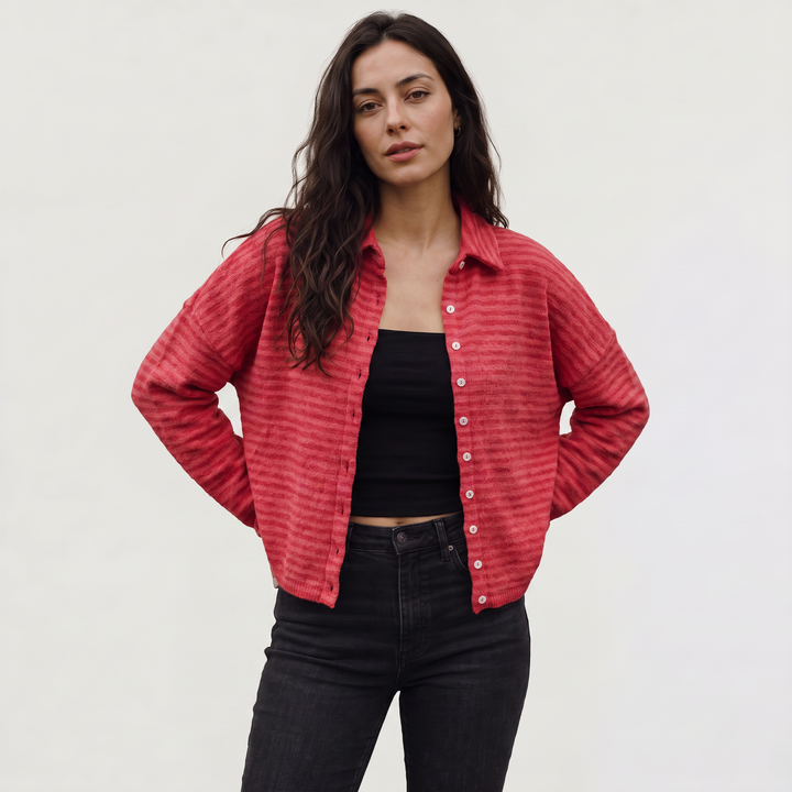 Women's Casual Striped Knit Cardigan with Button Front and Collar