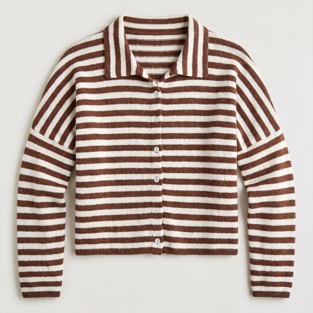 Women's Casual Striped Knit Cardigan with Button Front and Collar