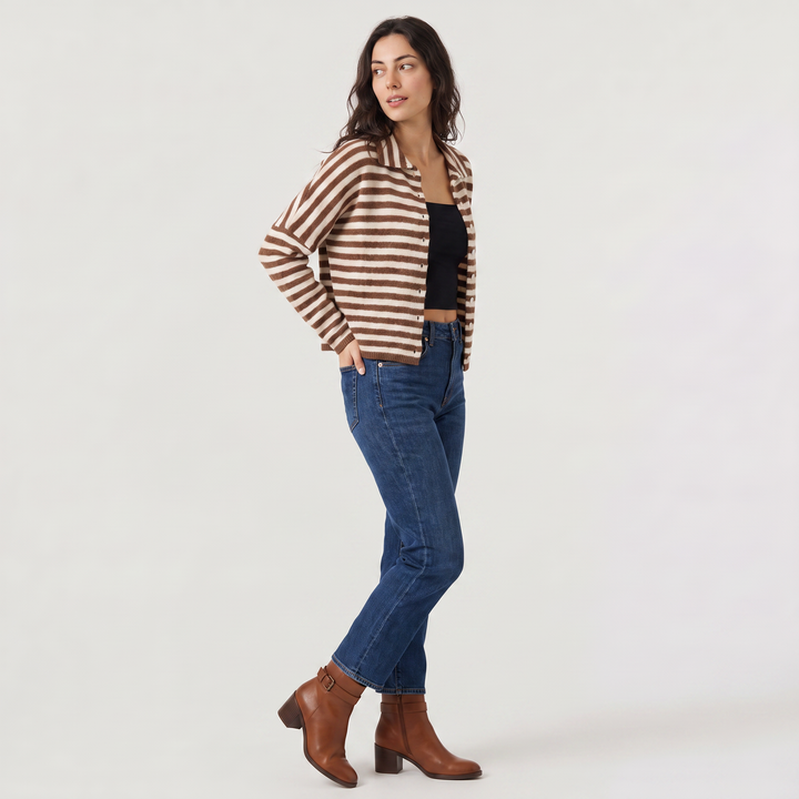 Women's Casual Striped Knit Cardigan with Button Front and Collar