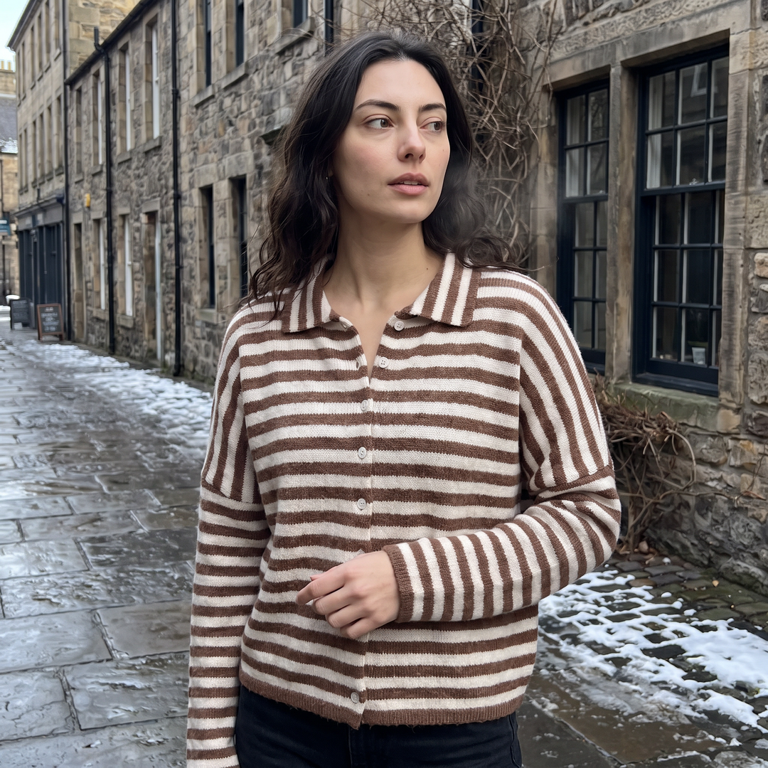 Women's Casual Striped Knit Cardigan with Button Front and Collar