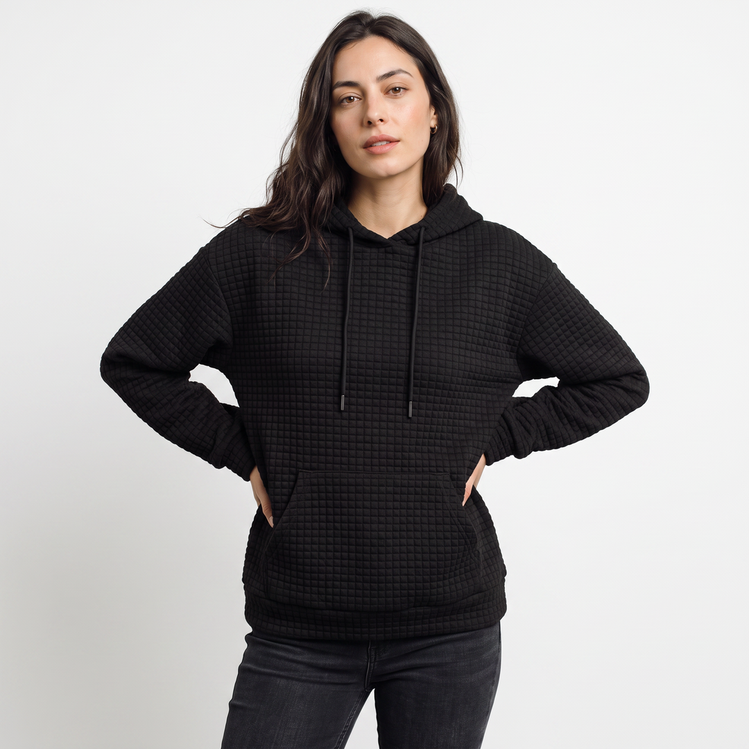 Women's Casual Quilted Drawstring Hoodie with Kangaroo Pocket