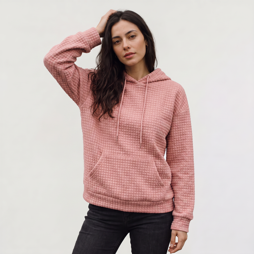 Women's Casual Quilted Drawstring Hoodie with Kangaroo Pocket