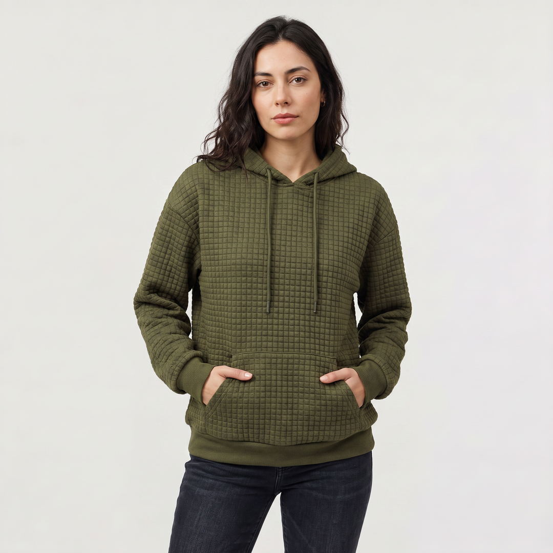 Women's Casual Quilted Drawstring Hoodie with Kangaroo Pocket