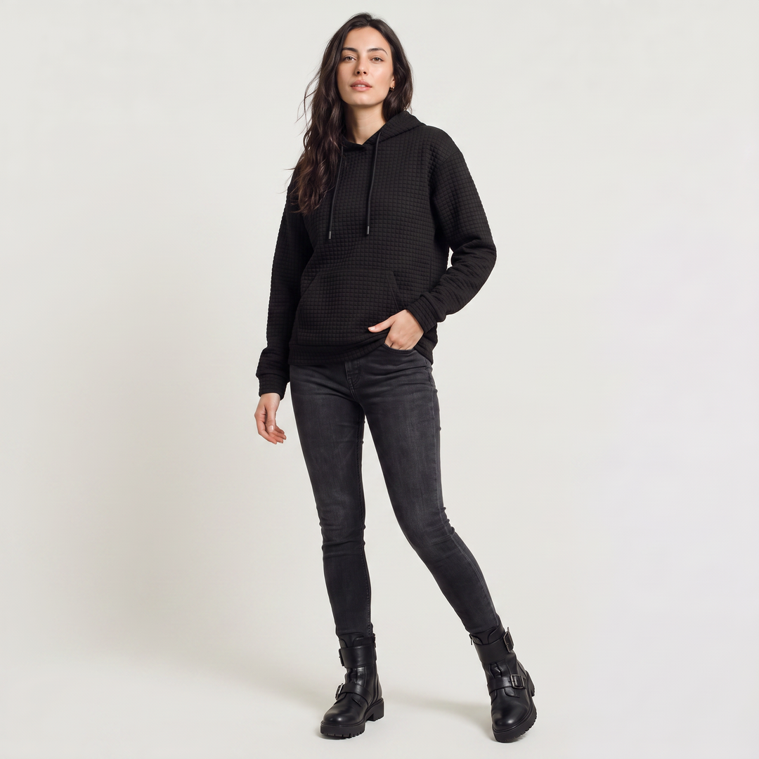 Women's Casual Quilted Drawstring Hoodie with Kangaroo Pocket