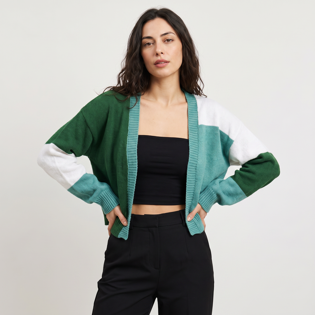 Women's Casual Open Front Cropped Knit Cardigan with Ribbed Cuffs