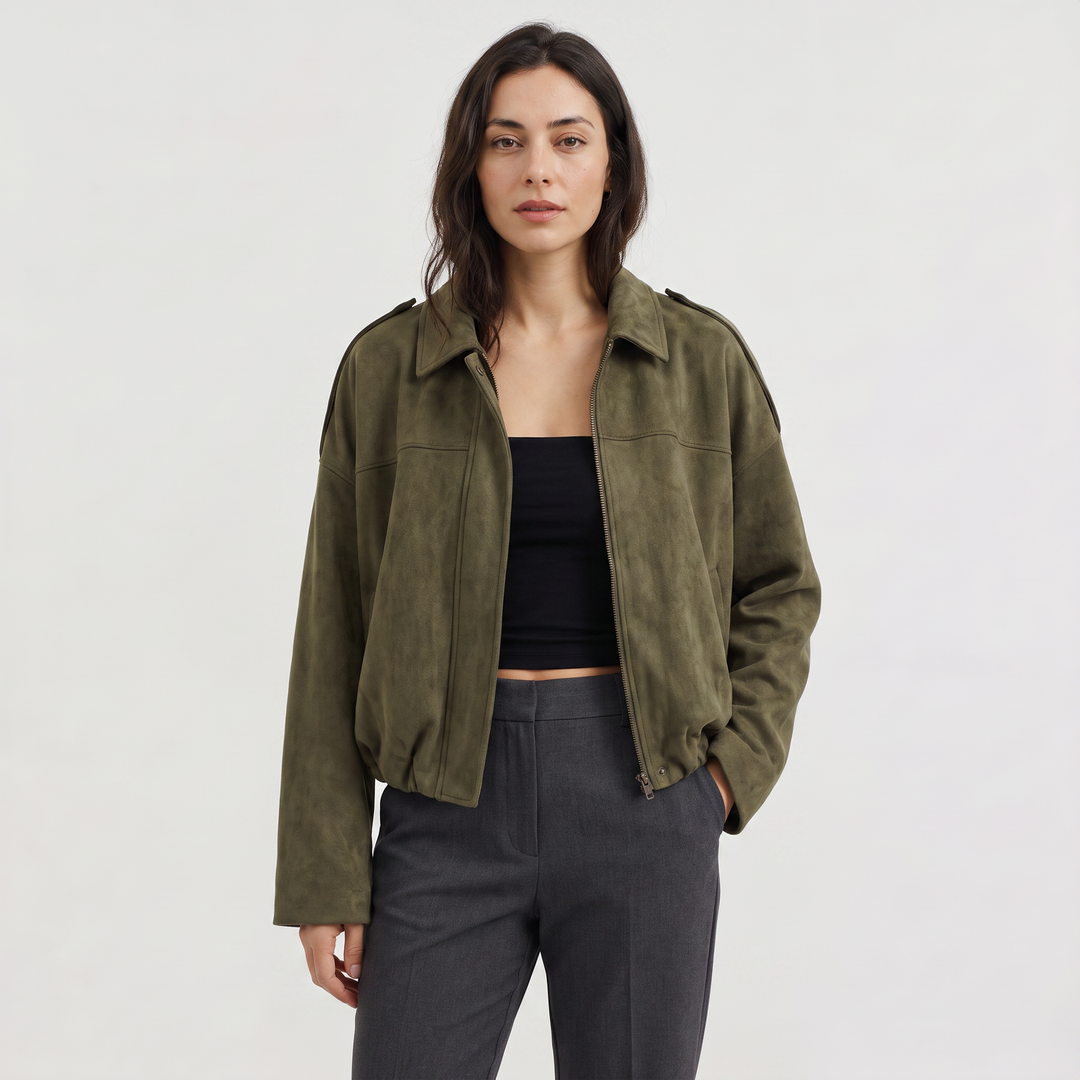 Women's Classic Faux Suede Collared Bomber Jacket