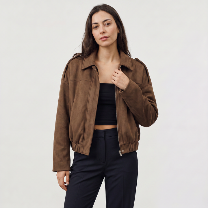 Women's Classic Faux Suede Collared Bomber Jacket