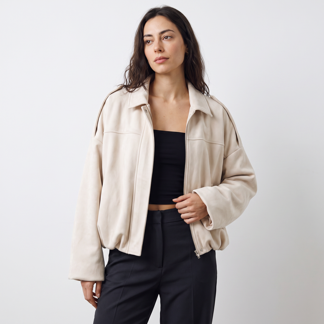 Women's Classic Faux Suede Collared Bomber Jacket