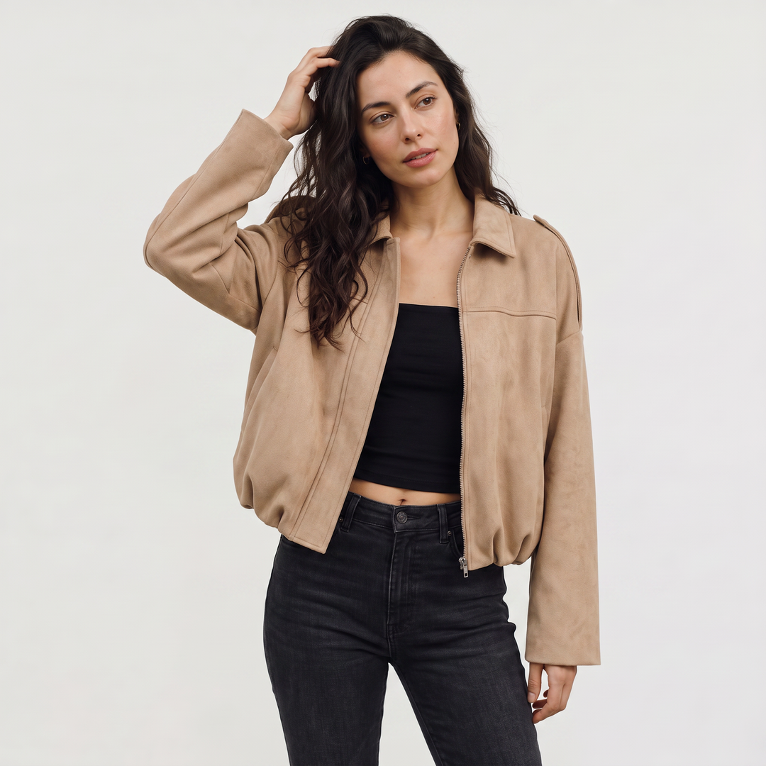 Women's Classic Faux Suede Collared Bomber Jacket