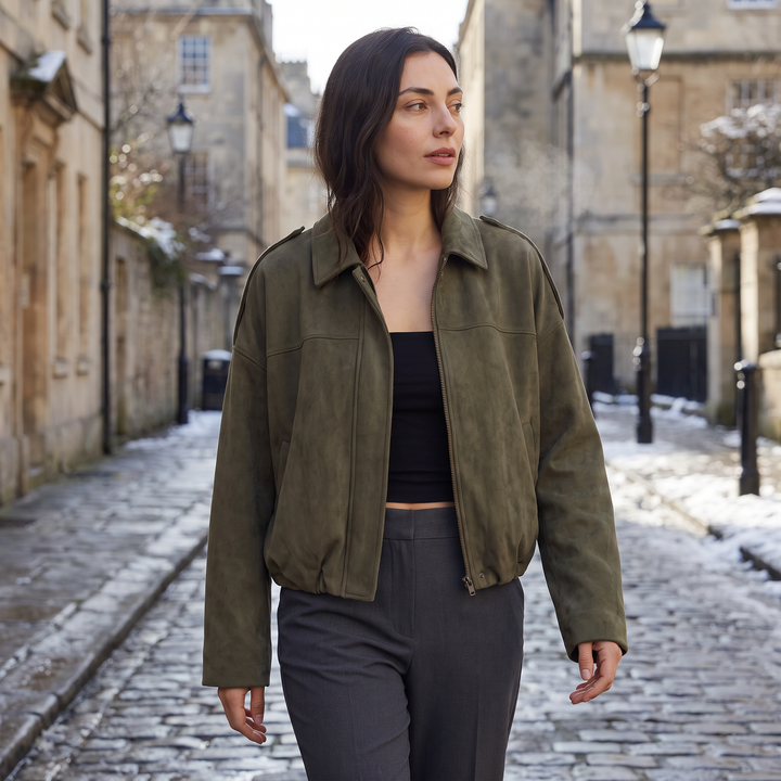 Women's Classic Faux Suede Collared Bomber Jacket