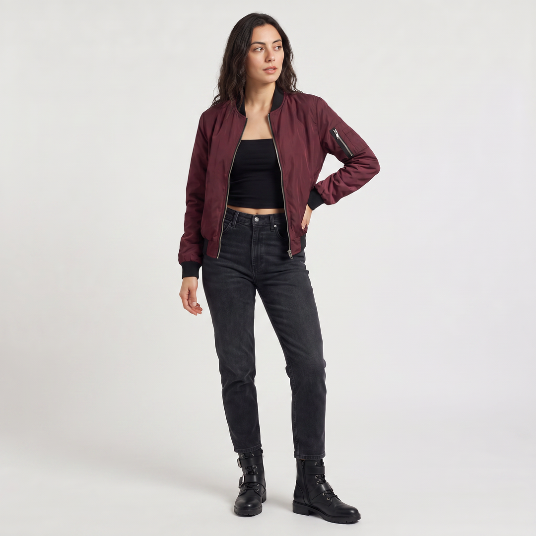 Women's Casual Contrast Trim Bomber Jacket