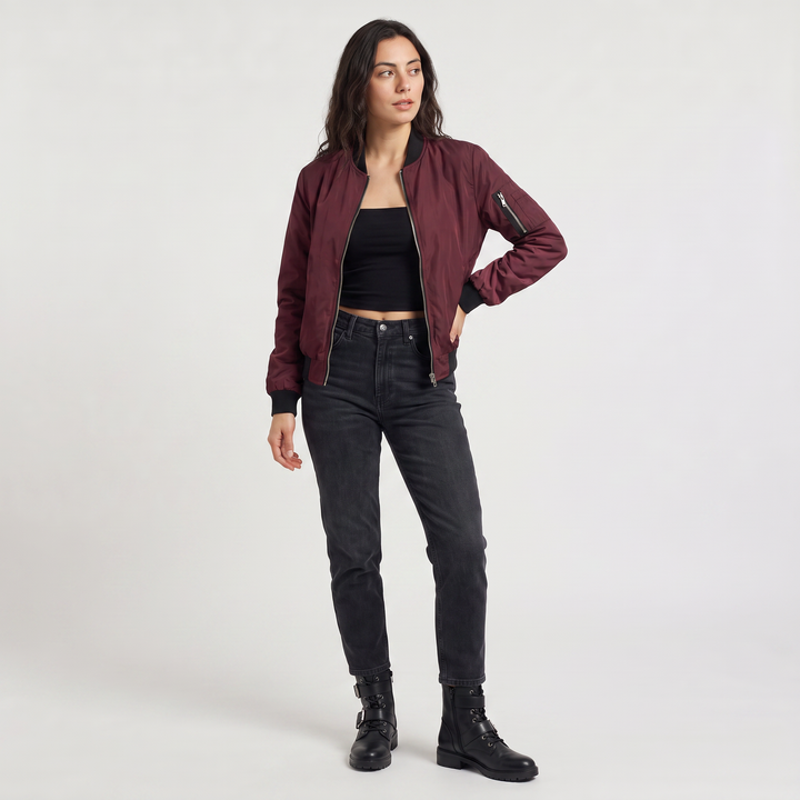 Women's Casual Contrast Trim Bomber Jacket