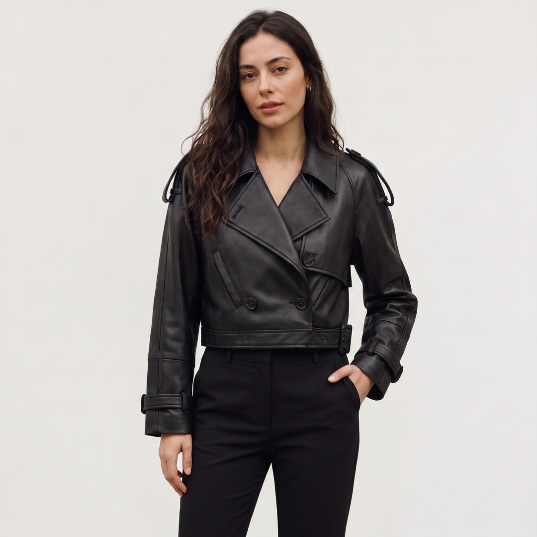 Women's Classic Belted Cropped Double-Breasted Trench Coat