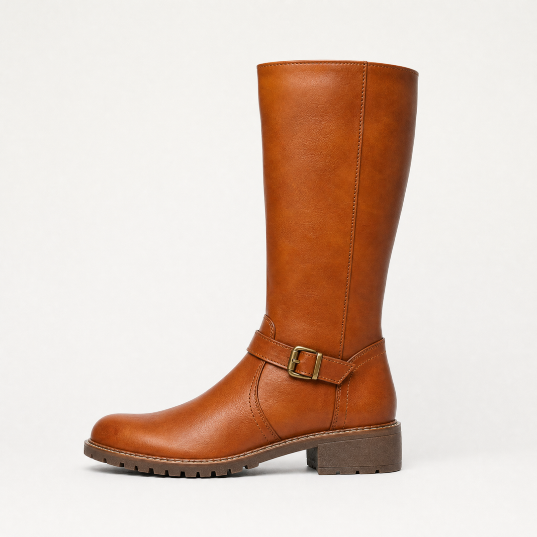 Women's Classic Faux Leather Knee-High Riding Boots with Buckle