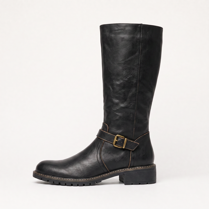 Women's Classic Faux Leather Knee-High Riding Boots with Buckle