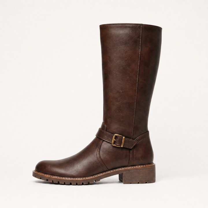 Women's Classic Faux Leather Knee-High Riding Boots with Buckle
