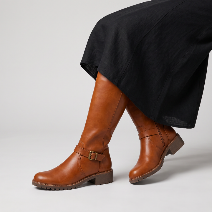Women's Classic Faux Leather Knee-High Riding Boots with Buckle