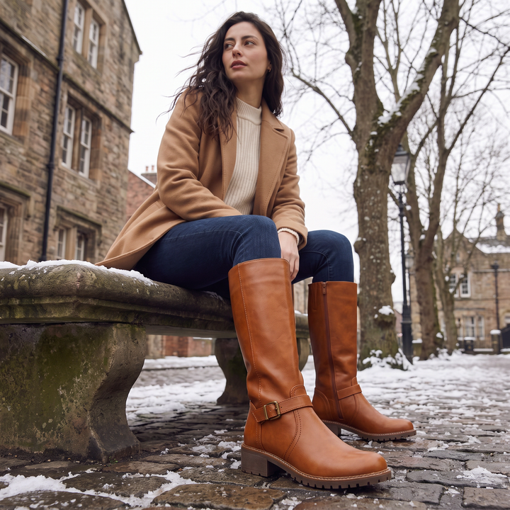 Women's Classic Faux Leather Knee-High Riding Boots with Buckle