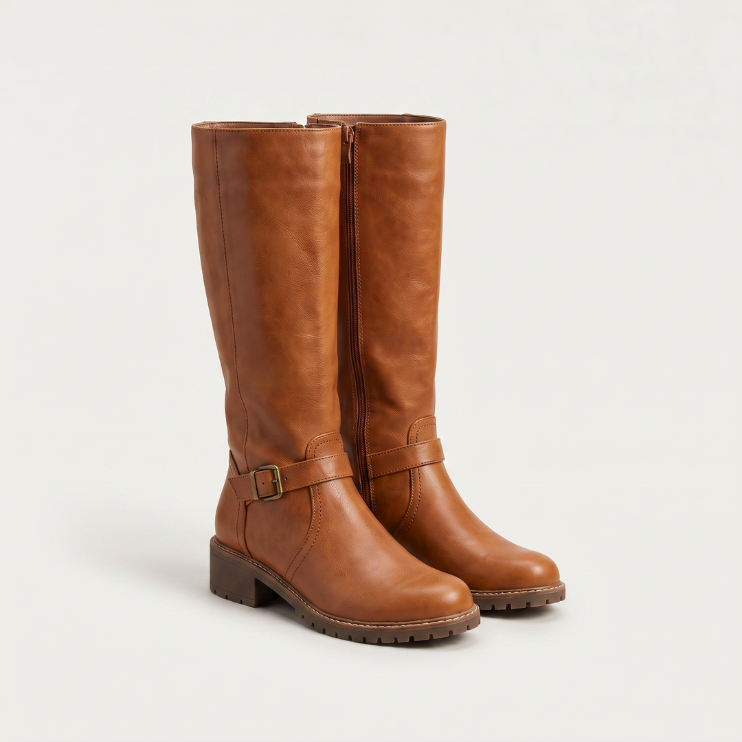 Women's Classic Faux Leather Knee-High Riding Boots with Buckle