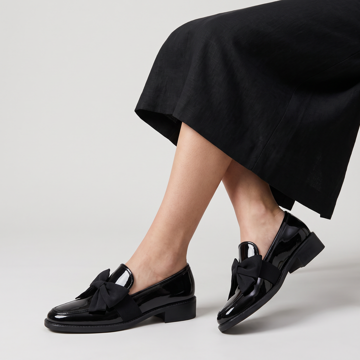 Women's Classic Patent Leather Square Toe Loafers with Bow