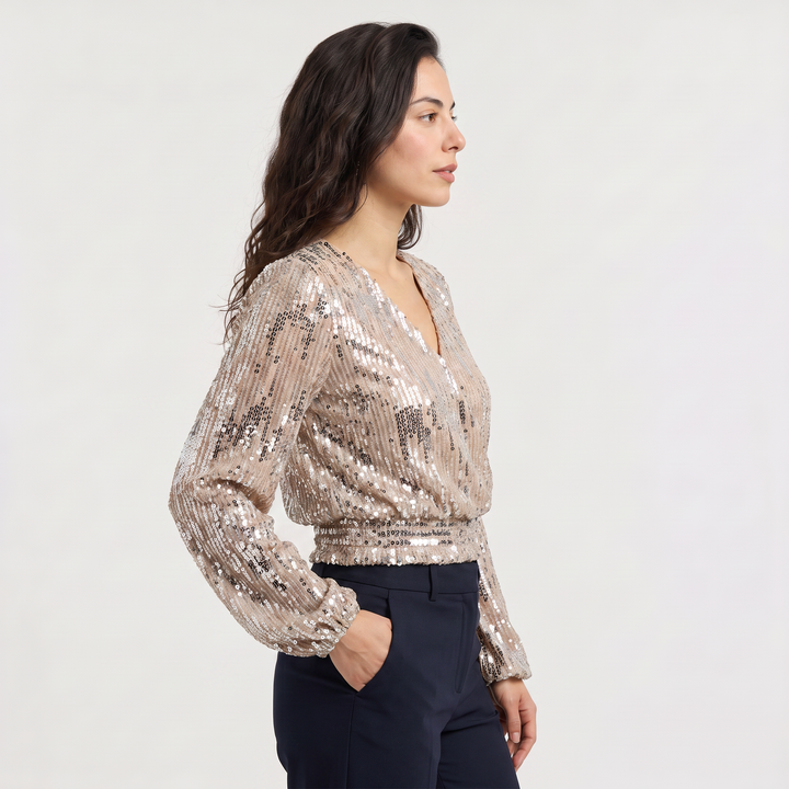 Women's Elegant Sequin V-Neck Long Sleeve Blouse